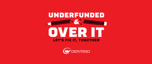 Undurfunded and Over It Logo on a red background. Broken pencil.